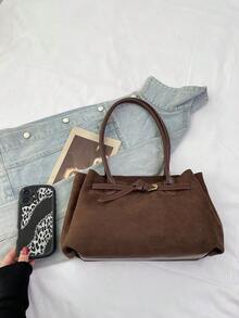 1 Túi Tote Đeo Vai Nữ Màu Trơn, Dung Tích Lớn, Thời Trang Thu Đông, Chất Liệu Vải Da Lộn Mới, Thích Hợp Cho Văn Phòng, Đi Làm, Mua Sắm, Du Lịch, Quà Tặng - Cà phê nâu - Xem 4