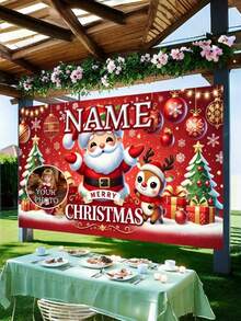 个性化圣诞横幅 - 可定制姓名和照片，圣诞老人和驯鹿图案，耐用涤纶材质，无需用电，家居装饰，圣诞装饰，个性化圣诞横幅，照片背景 - 彩色 - 查看 5