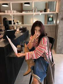 Pink & Green Striped Long Sleeve T-Shirt For Women, Loose Fit Round Neck Layering Top, Spring/Autumn - Multicolor - View 2