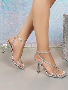 Sandalias de tacón alto para mujer en color plata, tacones de gatito sexy con punta cuadrada y correas, sandalias deslizantes de unicolor versátiles para uso diario con tacones altos delgados, sandalias de tacón alto para bodas y novias, elegantes zapatos de mujer con tacón de copa de plata pura para fiestas y festivales, nuevas sandalias deslizantes de tacón alto para uso formal en verano, elegantes sandalias de tacón alto con correa de tobillo para citas (textura asimétrica de piedra aleatoria)
