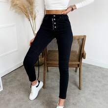 Jeans boyfriend à boutons pour femmes, pantalon en jean casual coupe maman - Noir - Voir 2