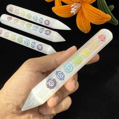 Diverse Selenite Crystal Wand With 7 Heart Symbols - Reiki Charged, Single Tip, Synthetic Crystal Stick For Healing, Meditation & Spiritual Gifts (7 Chakra Bracelet), Wand For Healing,Natural Crystal Rods For Cleansing And Protection - Spiritual Tools For Balancing Chakras And Clearing Energy Fields.