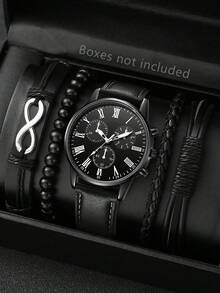 5 Stücke Herren Armband-Set mit schwarzem PU-Lederarmband, klassischem Drei-Augen-Zifferblatt, Quarzuhr für den täglichen Gebrauch oder als Geschenkidee - Schwarz - Übersicht 6