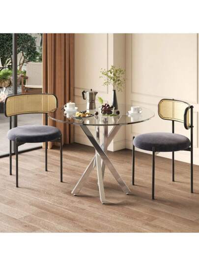 Dining Tafel Set (Including Chairs), 80*80*75 Tempered Glass Top, Moderne Table, Galvanized Legs, Coffee Grijs Chairs, Zilver Legs