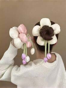 1pc Unique High-End Blogger Style Sponge Flower Hair Scrunchie, 3D Bread Hair Tie, Vacation Style Big Coil Hair Accessory, 3D Tulip Big Coil Hair Scrunchie, High-End Bun Hair Tie, Suitable For Daily, Campus, Holiday, Party, Vacation ,Beauty ,Ponytail Holders ,Hair Elastics ,Hair Rubber Bands ,Hair Rope