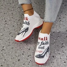 Ladies' Breathable Knitted Sports Shoes With Stable Support - Soft EVA Sole, All - Season Casual Shoes. White With Black And Red Accents And "Walk By Faith" High - Heel Pattern Design. Ladies' Comfortable Shock - Absorbing Shoes - 紅色 - 查看 3