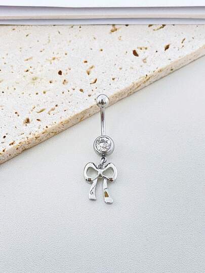 1 pieza Anillo de ombligo de acero inoxidable con colgante de moño minimalista y elegante, accesorio versátil para mujer, adecuado para discoteca, fiesta en la playa, regalo del Día de San Valentín, uso diario