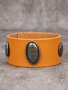 1pc Oval Embossed Floral Men's Leather Bracelet, Vintage Style Minimalist Versatile Accessory, Men's Wristband Christmas Gift, Suitable For Holiday Wear