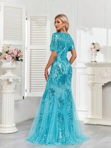 CEILIM Vestido de festa elegante e romântico com lantejoulas, mangas curtas, decote redondo, barra sereia e detalhes em tule. Um vestido de noite nobre e luxuoso. - Baby Azul - Ver 7