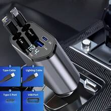 W&O 4-In-1 Retractable Car Charger, Fast Charging Car Charger, Dual USB Ports, Compatible With For Iphone And Type-C, PD And QC3.0, 180° Adjustable Base, Compatible With For Iphone 16/15/14/13/12/11 And Android Devices, Suitable For Car Charging, Car Accessories, Holiday Gift, SAN.COMO Fast Car Charger