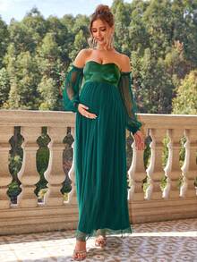 Joyfunear Đầm bầu hở vai tay dài phối lưới vá thanh lịch - Màu xanh lá cây đậm - Xem 4