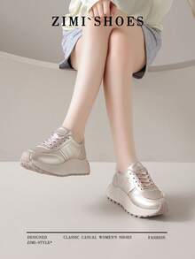 1 Pair Women's Round Toe Thick Sole Casual Sneakers, Gold/Silver Gump Style Lace-Up Outdoor Shoes, Suitable For Running, Hiking, All Seasons - Gold - View 10