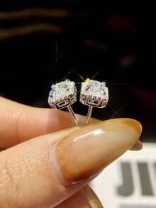 1 Pair 1 Carat Rectangular Minimalist Moissanite Stud Earrings, 925 Sterling Silver, Elegant & Luxurious Engagement/Wedding Bridal Jewelry - Rectangular Moissanite Earrings - View 2