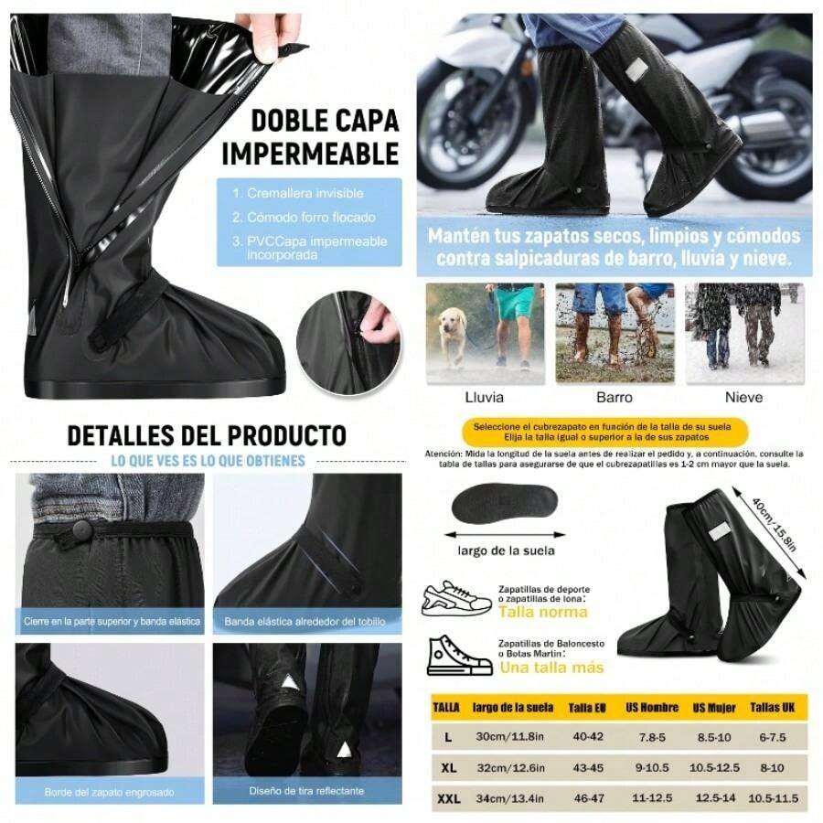 TOPONE Botas para Lluvia, Protector de Zapatos Impermeable para Hombre y Mujer, Cubrebotas con Tira Reflectante y Cremalleras, Calzado de Lluvia Nieve y Funda para Tenis, Rain Boots ReutilizableXL - Negro-XL - Ver 1