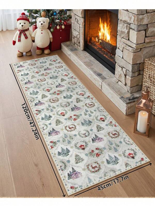1 Pc Christmas Tree And Santa & Reindeer Beige Carpet,Non-Skid And Washable, Very Suitable For Living Room, Bedroom, Hallway, Indoor And Outdoor Use, Easy Home Christmas Decoration And Room Decoration