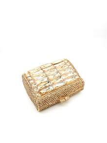 Mini Square Gold Crystal Rhinestone Evening Bag, Metallic Hollow-Out Crystal Clutch, Luxury Full Diamond/Crystal Handbag, Suitable For Weddings, Parties And Galas, Exquisite Gift Box Packaging, Makes A Great Gift - Gold - View 6