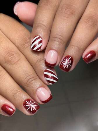 24pcs Christmas Nails, Short Square With Red And White Stripes, French Pointed Snowflake Pattern Printing, Full Coverage Of Luster, Press False Nails, Suitable For Women's Holiday Party Nail Art Decoration