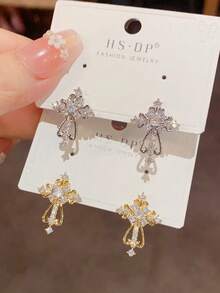 1 Pair Stainless Steel Vintage French Style Fully Rhinestone Embellished Cross Stud Earrings, Delicate Luxurious Minimalist Design