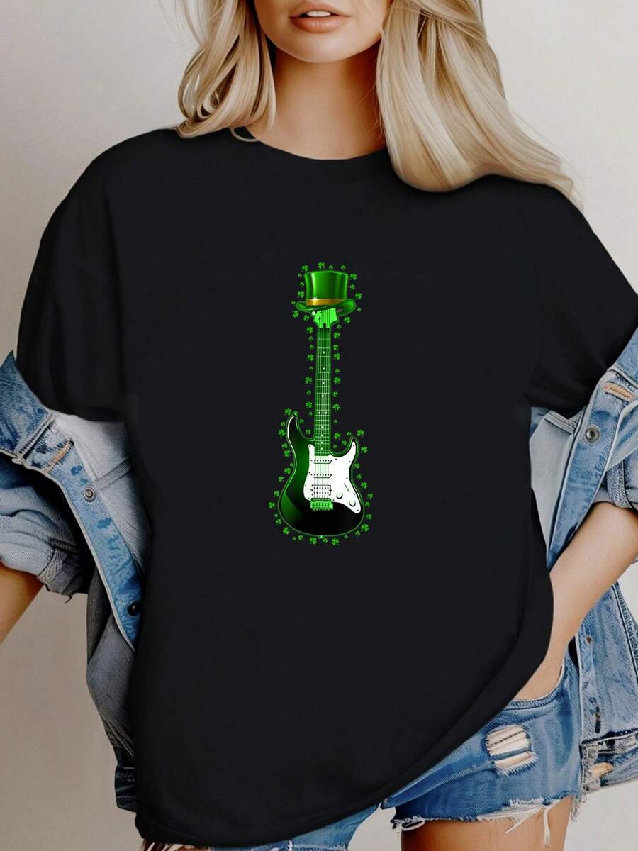 Women T-Shirt Print Guitarist Gifts Electric Guitar Leprechaun St Patrick's Day T-Shirt Female Stylish Stretched Women Summer Designer Clothes Top For Everyday Wear Breathable T-Shirt For Women Casual Print Round Neck Short Sleeve Streetwear Casual Fashion Versatile - Black - View 1