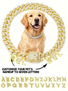 Personalized Dog Necklace, Custom Dog Collar With Letter Pendant Tag - 13mm Rhinestone Dog Chain, Double Lock Design Collar, Suitable For Bulldog And Large Dogs - Multicolor - View 2