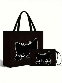猫咪主题手提包套装：女士手提包搭配同款化妆包，包含1个黑色卡通猫咪图案手提包和1个小收纳袋/零钱包，时尚大容量化妆包，旅行化妆包，适合婚礼、生日、海滩、度假等场合，也是送给女性、母亲、教师、朋友、伴娘、学生、返校季以及动物爱好者的完美礼物。 - 黑色 - 查看 14