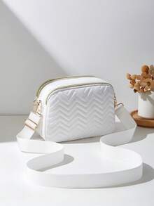 1个女士休闲通勤斜挎包，4个拉链设计，纯色个性时尚波浪图案，舒适的手提带和肩带，大容量，适合旅行、购物、通勤 - 白色 - 查看 5