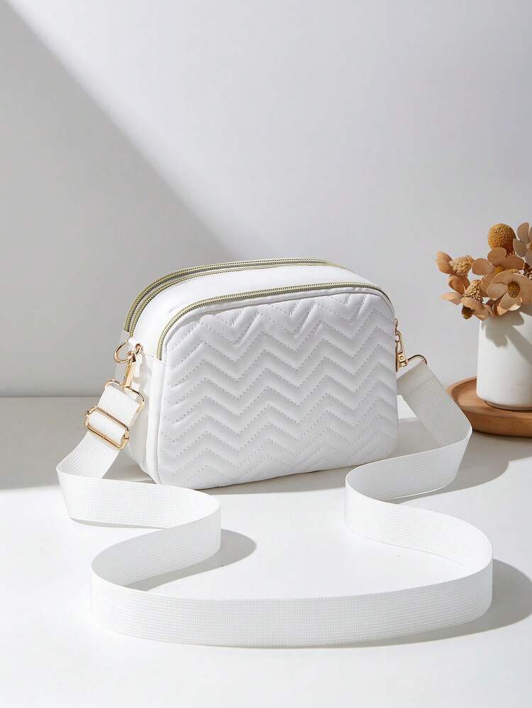 1pc Women's Casual Commuter Crossbody Bag, 4 Zipper Design, Solid Color Personalized Fashion Wavy Pattern, Comfortable Handheld And Shoulder Strap, Large Capacity, Suitable For Travel, Shopping, Commuting - White - View 5