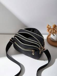 1pc Women's Casual Commuter Crossbody Bag, 4 Zipper Design, Solid Color Personalized Fashion Wavy Pattern, Comfortable Handheld And Shoulder Strap, Large Capacity, Suitable For Travel, Shopping, Commuting - Black - View 6