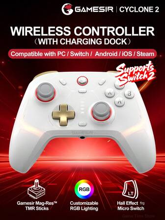  GameSir Cyclone 2 Pro Mandos PC compatibles con 2 Controlador para Switch Oled Lite Windows 10 11 Steam IOS Android Teléfono móvil Mag-Res TMR Sticks Efecto Hall Gatillos analógicos Control de movimiento de 6 ejes Motores de vibración asimétricos Efecto de iluminación RGB Función Turbo, Conexión Bluetooth con cable o inalámbrica 2.4g, Blanco Estándar