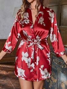 1pc Women Elegant Floral Print Loose Robe With Tie Waist, Comfortable Sleepwear Bathrobe For Home Wear - Red - View 4