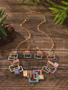 Cring Coco 3pcs/Set Fashion Boho Simple Enamel Geometric Jewelry Set For Woman Accessories New Zinc Alloy Necklace And Earring Sets Minimalist Design Suitable For Daily Dance Party Holiday Music Festival Valentine's Day Jewelry Gift
