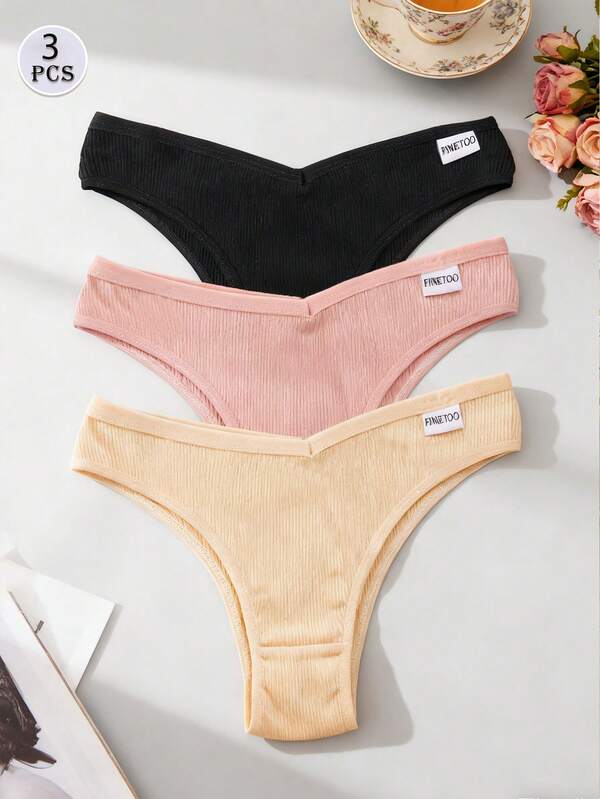 3PCS/Women's Cotton Ribbed Triangle Panties Solid Soft V-Waisted Briefs