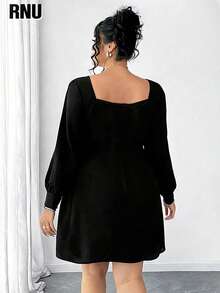 RNU Plus Size Women Elegant Woven Non-Stretch Solid Color Fabric Dress, Hidden Zipper Back, Puff Sleeves, Wide Collar, Plus Size New Autumn/Winter Outfit, Suitable For Concerts, Fashion Versatile Outerwear, Plus Size New Autumn/Winter Outfit, Suitable For Parties, Gatherings, Night Dates, Christmas, New Year, Wedding Guest Attire, Long Sleeve Versatile Short Dress