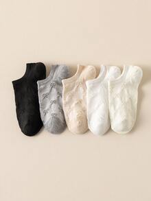 5 Pairs Women's Shallow Mouth Low-Cut Boat Socks, Minimalist Solid Color Versatile, Bowknot Design, Skin-Friendly Comfortable Breathable Soft