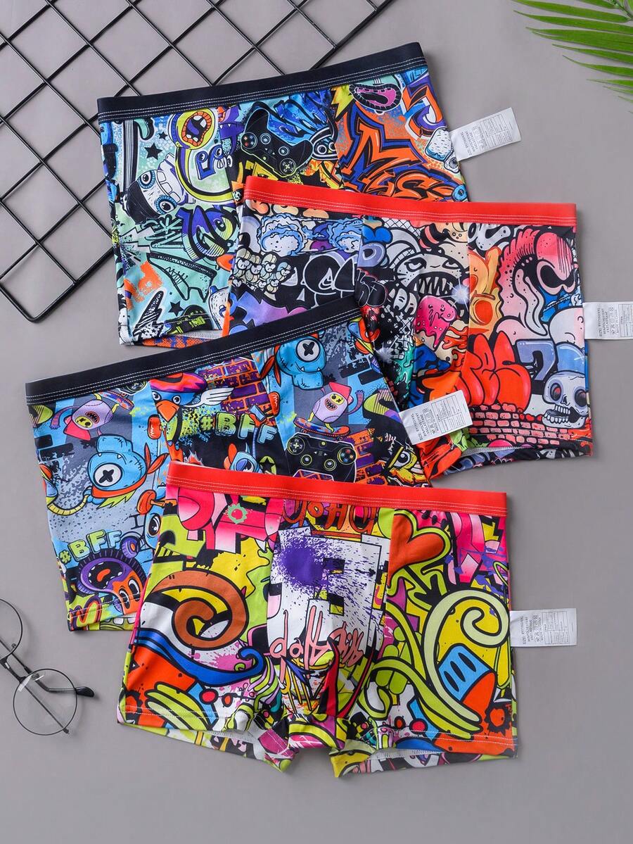 4pcs/Pack Tween Boy Mid-Waist Graffiti Print Boxer Briefs, & Cool - Multicolor - View 1