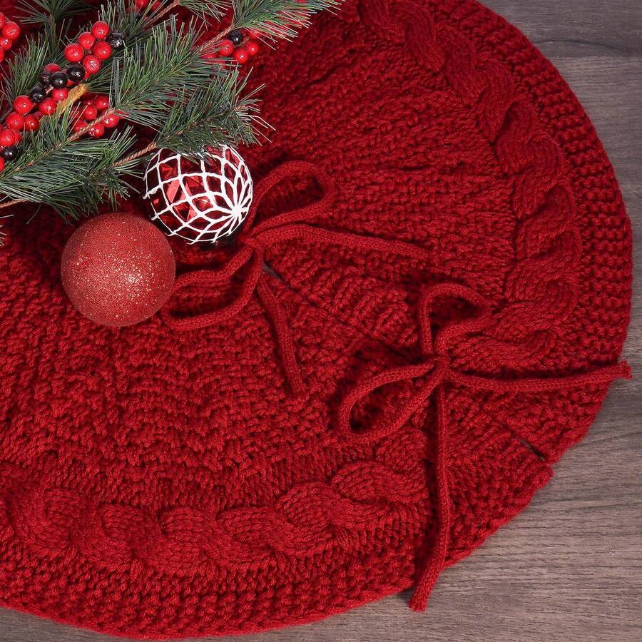 1pc Knitted Christmas Tree Skirt – 18.11 Inch Red Cable Knit Small Xmas Tree Base Cover With Bow Tie , Rustic Holiday Decoration For Mini Christmas Tree, Home, Party, Farmhouse Decor Christmas Decorations Winter Room Decor Christmas Decorations Home Christmas Gifts Christmas Decor