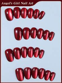 24pcs/Set Short Oval Shaped Nail Stickers, Classic Y2K Style Blood Red Crystal Cat Eye Nail Stickers, Red Nail Stickers, Acrylic Gel Nail Stickers, Includes 1pc Jelly Gel And 1pc Nail File, Natural Short Nail Stickers, Suitable For Women And Girls For Daily Work, Study And Party