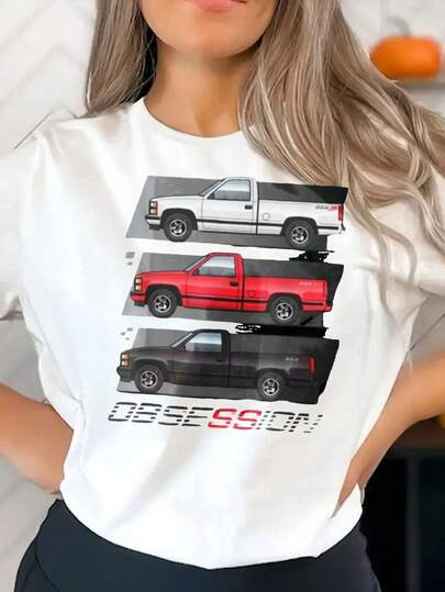 Camiseta clásica de obsesión con camiones para hombre - Camiseta vintage de camioneta, regalo para amantes de los coches, cómoda para uso diario, camiseta negra de cuello redondo y manga corta, camiseta de moda automotriz
