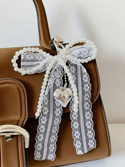 Y2K modischer und einfacher Perlenanhänger mit Schleife, glänzend und farbig, eleganter Schlüsselanhänger mit Spitze, Perle und Herzanhänger - schickes Schwarz-Weiß-Design, beständige Zinklegierung, perfekt für Taschen & Accessoires, Taschenanhänger | Schickes Accessoire | Beständige Zinklegierung, Schlüsselanhänger, Geschenkideen, personalisierte Hochzeitssouvenirs, Autoaccessoires, Boston-Taschenzubehör