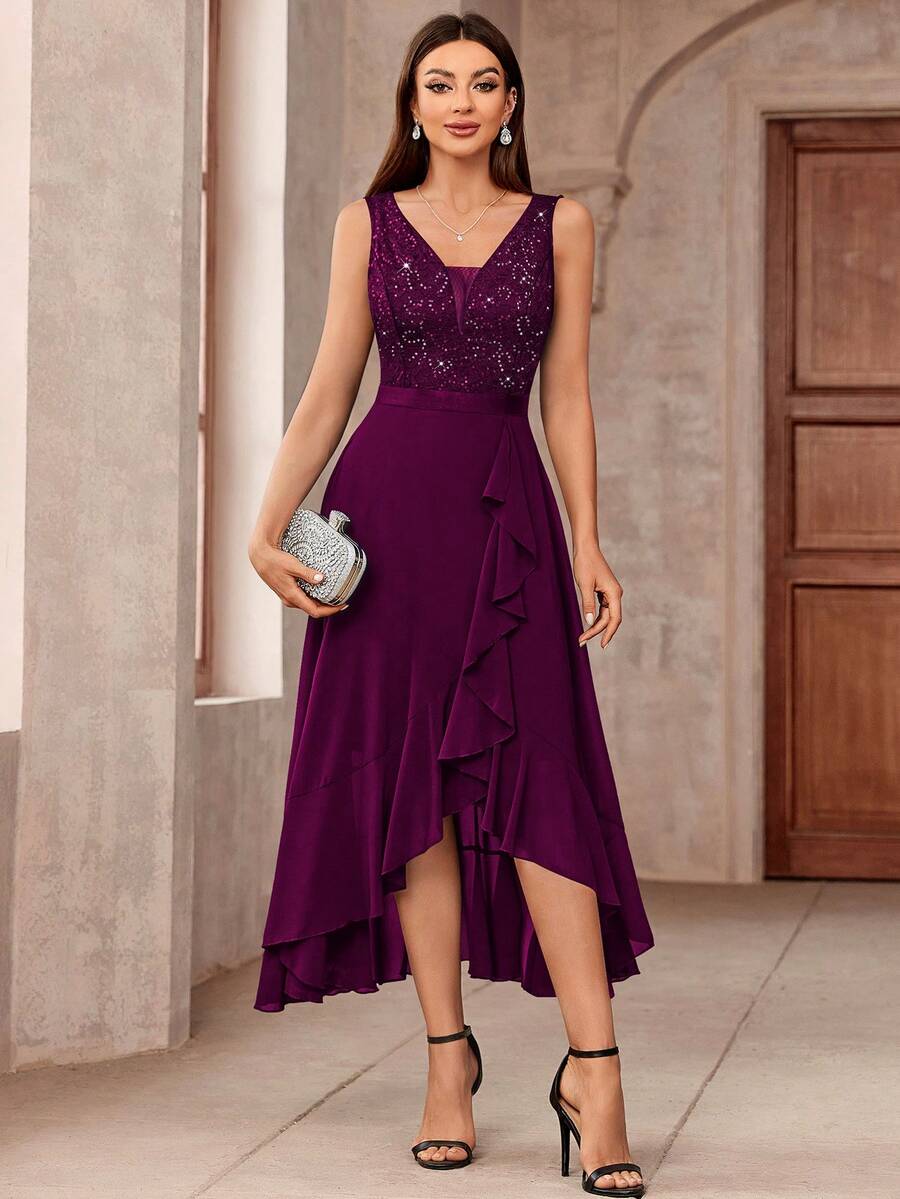 MIUSOL 深V领蕾丝亮片荷叶边高低摆雪纺正式派对长裙，适合婚礼宾客、毕业典礼、春季晚宴等场合。