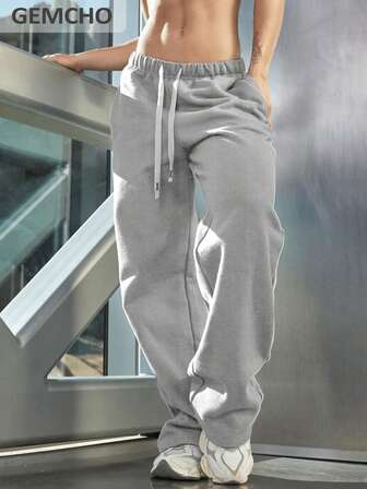 GEMCHO 1pc Women'S Drawstring Waist Loose Wide Leg Casual Sports Pants, With Pockets, Knit Fabric, Slight Stretch, Casual Running Joggers,Gym Clothes Women, For All-Season Long Pants