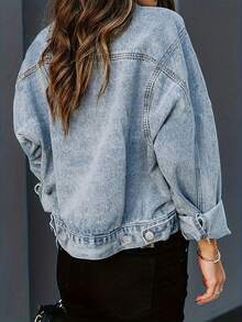 NVFelix Chaqueta de mezclilla con estampado de leopardo y parches para mujer, blusa de mezclilla desgastada y suelta de color azul claro, ropa de abrigo de otoño/invierno, Día de San Valentín - Lavado ligero - Ver 5