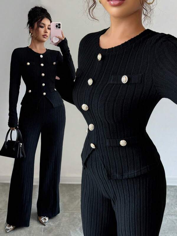 Women's Elegant Black Two Pieces Outfit Ribbed Knit Round Neck Gold Button Cardigan Top And Wide Leg Pant Set