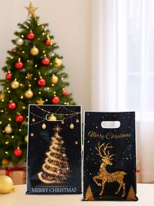 10/25/50个装黑色金色圣诞礼品袋，驯鹿和圣诞树图案塑料手提袋，圣诞派对用品，圣诞快乐装饰袋，圣诞庆祝小礼品袋，圣诞户外装饰，2026新年装饰，圣诞礼物，派对小礼品 - 黑色金色聖誕 - 查看 5