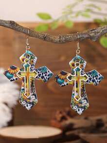 1 paire Boucles d'oreilles croisées en PU léopard/vache bohémien vintage, boucles d'oreilles pendantes de style occidental cow-girl en fer à cheval turquoise/imprimé zèbre