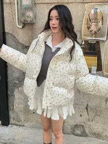 Winter Women Casual Loose Puffer Jacket Long Sleeve Floral Printed Stand Collar Short Pockets Padded Coat Korean Fashion Party Coats Christmas Outerwear Female Clothes Birthday Outfits