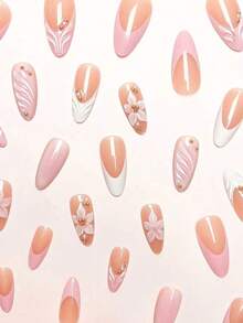 24pcs/Set Elegant White 3D Wavy French Tip Almond Shaped Press-On Nails With Gold Floral Accents, Includes Gel Polish And Nail File, Ideal For Girls/Women Daily, Party, Autumn - khỏa thân - Xem 4