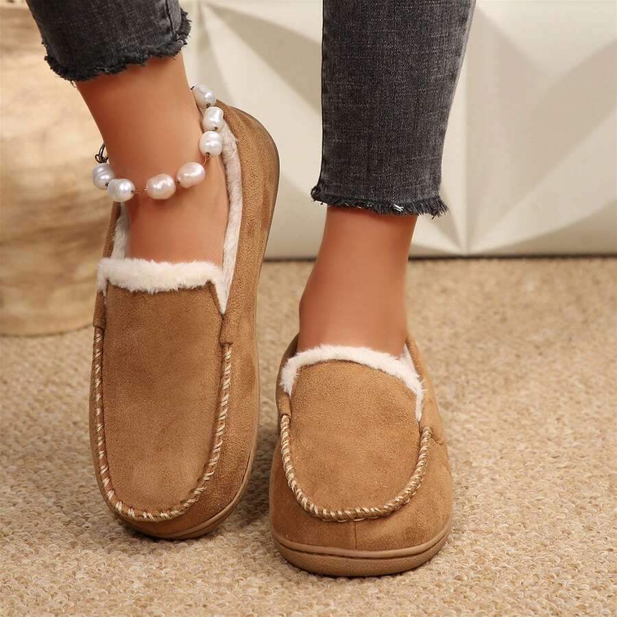 Women Warm Lined Slippers Loafers Casual Slip On Shoes Walking - 摩卡棕 - 查看 1