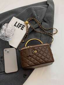 Classic Solid Color Square Box Bag, Quilted Square Bag, Handbag, Zipper Shoulder Bag, Shoulder Bag With Metal Accessories, And Unique Strap Decor Design, Suitable For Travel, Shopping, Parties, And Dates - Coffee - View 7