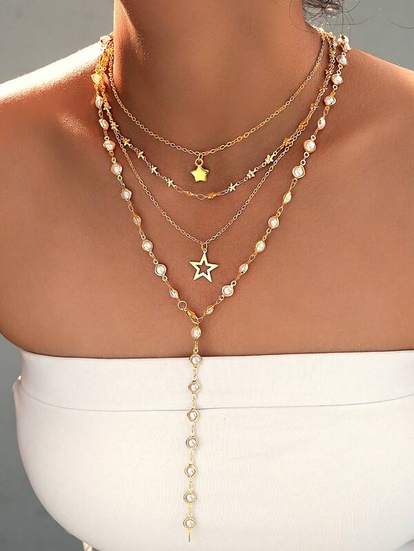 1/2pcs Set Vintage Minimalist Elegant Star Pendant Necklace With Faux Pearl Embellished Y-Shaped Long Chain, Versatile Jewelry Suitable For Women Daily, Party, Date, Vacation, Christmas, Halloween Gift